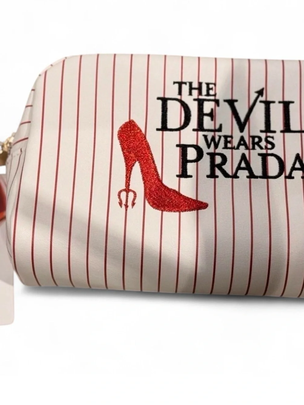 Prada White Cosmetic Pouch with Red Pinstripes and Embroidered Logo